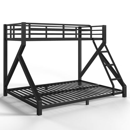 Bellemave Twin XL Over Queen Metal Bunk Bed,Low Profile Floor Bunk Bed Frame with Angled Ladder, Heavy Duty & Noise-Free Design for Kids, Teens & Adults, Black