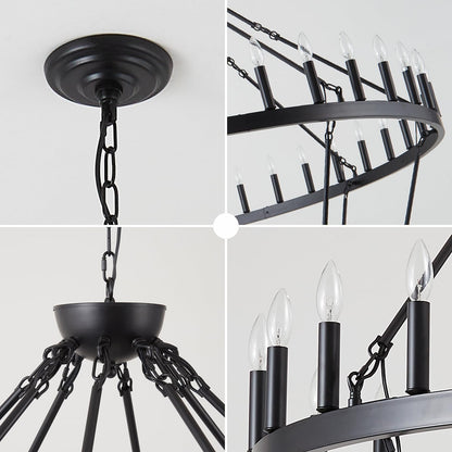 VBKK Wagon Wheel Chandelier Farmhouse 2 Tier 64-Light 70-Inch, Black Industrial Chandelier Rustic Candle Pendant Light Fixture Extra Large for High Ceilings, Dining Room, Living Room, Foyer, E12