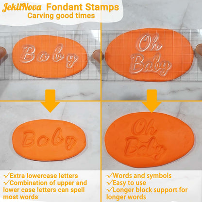 4PCS Alphabet Cake Stamps Tool with Brushes for Fondant Cookie Biscuit, Pretty Handwriting Food Grade Fondant Letter Stamp Uppercase Lowercase Numbers Words Reusable Cookie Stamp for Christmas Party