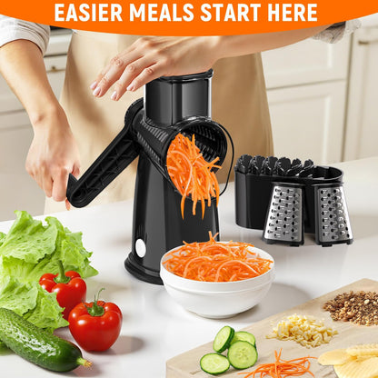 SpaceHacks Rotary Cheese Grater Hand Crank, with 5 Blades for Chopper Shredder Spiralizer Slicer for Vegetable Cheese Fruit, Food Chopper for Kitchen with Blades Storage Box & Suction Base (Black)