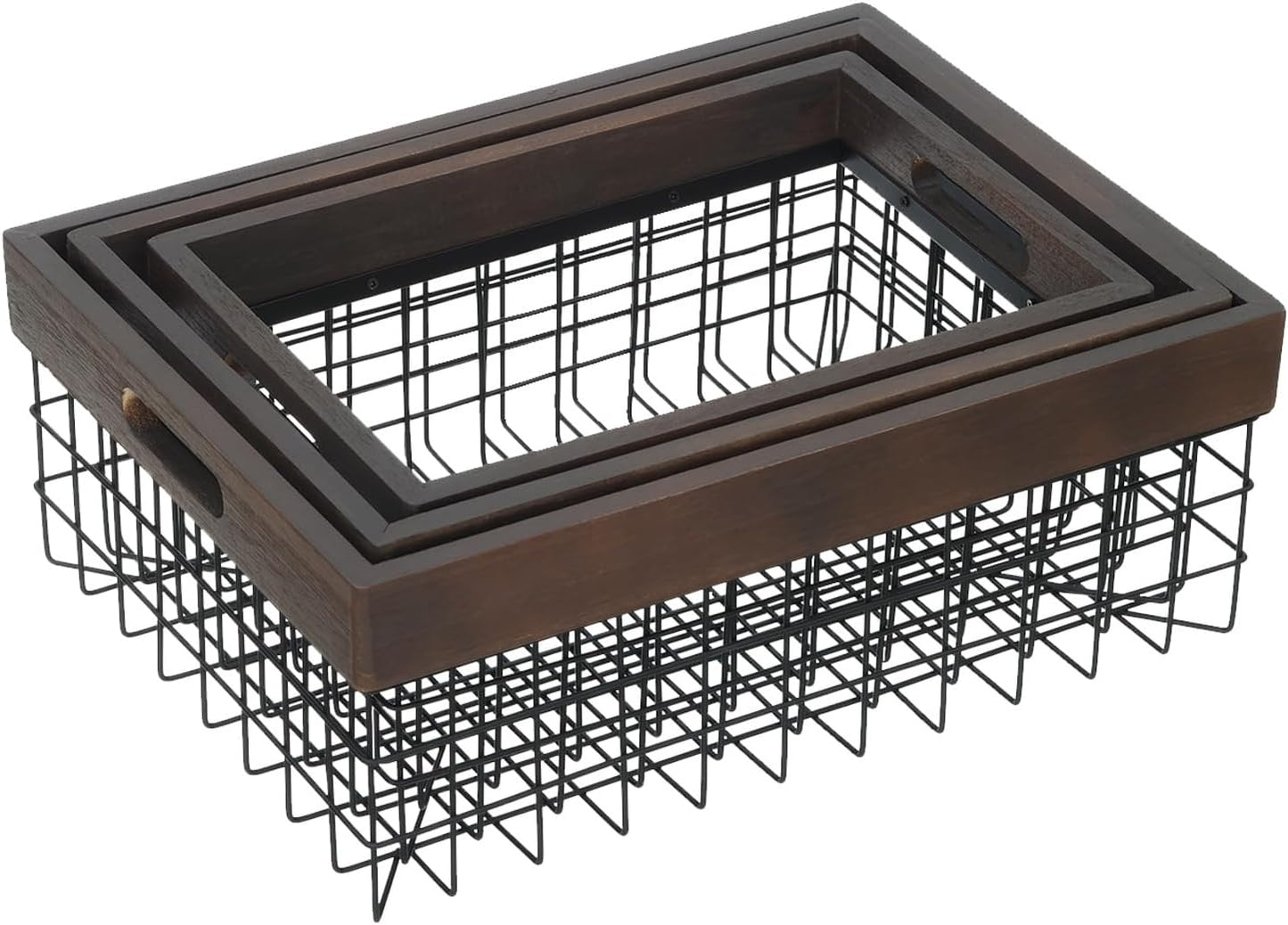 Set of 3 Metal Wire Baskets, Organizing Wood Top with Handles, Storage Organizer for Kitchen Cabinets, Pantry, Laundry
