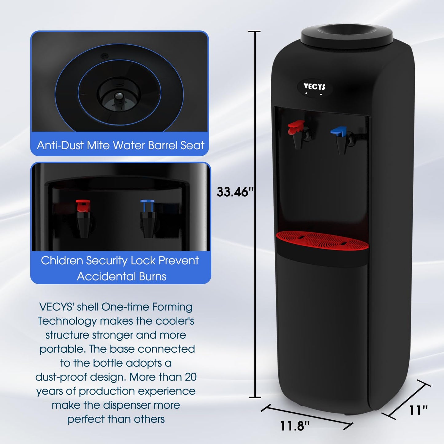 VECYS Hot and Cold Water Cooler Dispenser 3 or 5 Gallon with Child Safety Lock, Built-in Refrigerating Compressor and 304 Stainless Steel Reservior