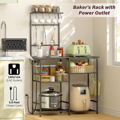3IngSeagulls Bakers Rack with Power Outlet, Kitchen Microwave Stand with 10 S-shaped Hooks, 6-Tier Coffee Bar Station, Kitchen Storage Shelf Rack for Spices, Pots, Gray