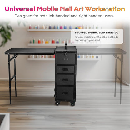 BYOOTIQUE Black Portable Nail Station with Storage Two-Way Removable Tabletop Foldable Manicure Desk Station on Wheels for Makeup Artisr Manicurist Beauty Salon Esthetician Barbershop Hairstylist