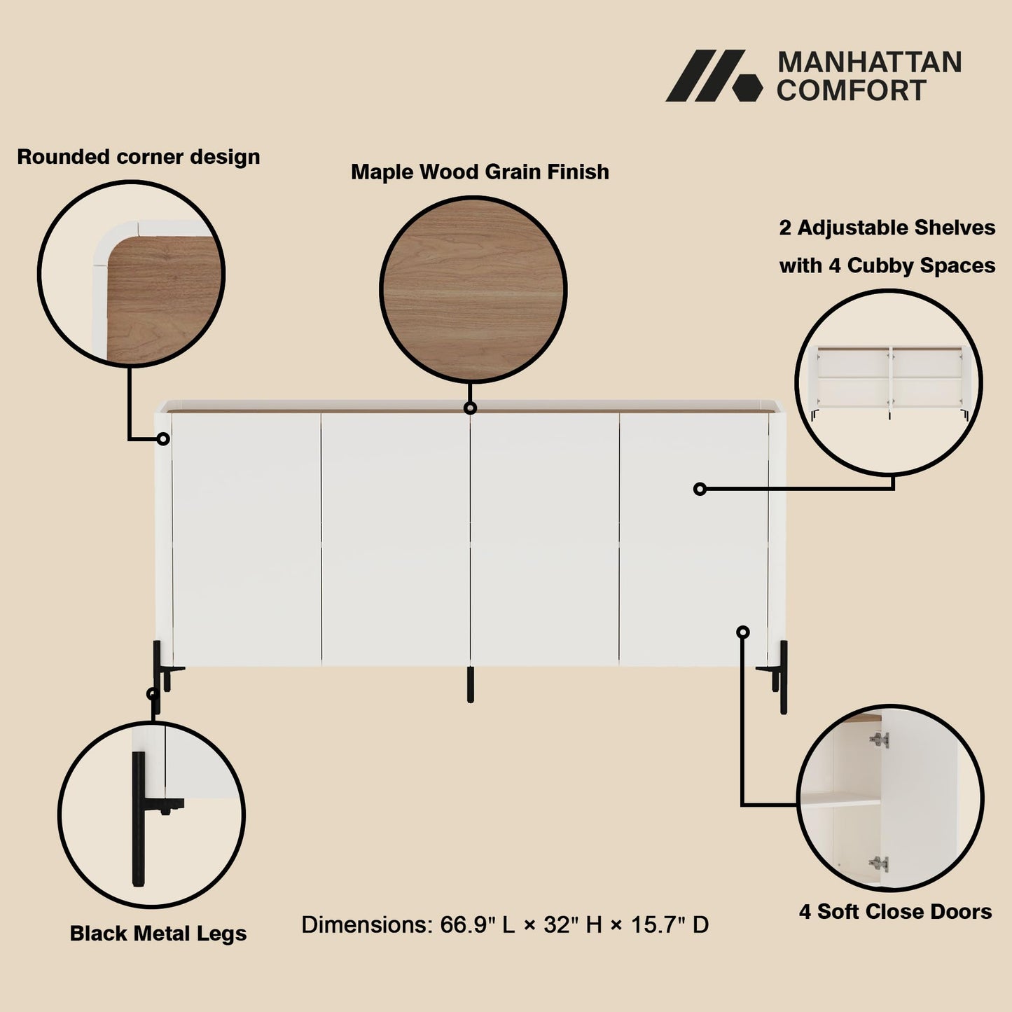Manhattan Comfort Abbey 2 Piece Set, 67" Sideboard and Accent Cabinet with Adjustable Shelves, Modern Tray Top Design, Soft Close Doors, Ideal for Dining, Living Room, and Bedroom, Maple and Off White