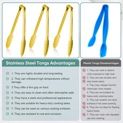 Gold Buffet Tongs 9'' Inches Serving Tongs Heavy Duty Stainless steel Kitchen and BBQ Utility Tong Pack of 12 (Gold, 9inch)