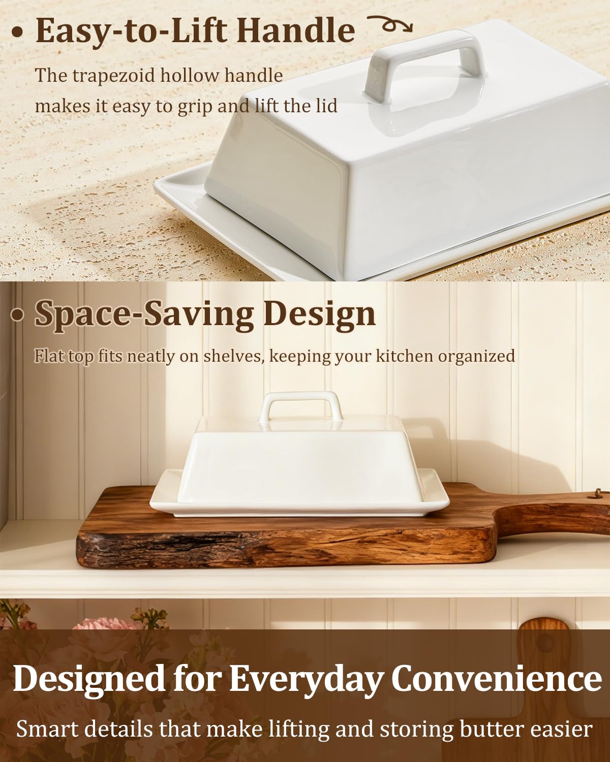 Yedio Large Butter Dish with Lid for Countertop, Porcelain Butter Keeper with Cover and Knife, Butter Holder Tray for 2 Sticks East Coast/West Coast/European Style Butter