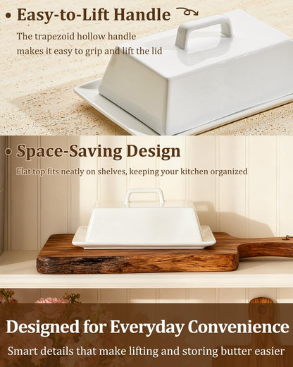 Yedio Large Butter Dish with Lid for Countertop, Porcelain Butter Keeper with Cover and Knife, Butter Holder Tray for 2 Sticks East Coast/West Coast/European Style Butter