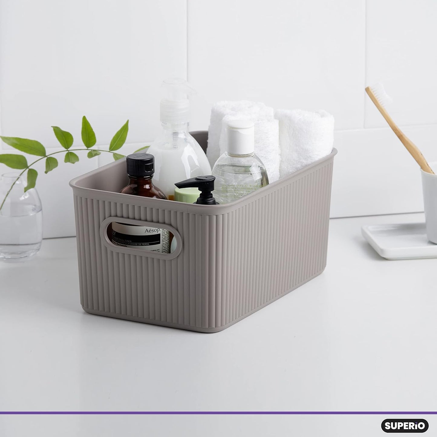 Superio Ribbed Collection - Medium Taupe Decorative Plastic Open Home Storage Bins Organizer Baskets (2 Pack) for