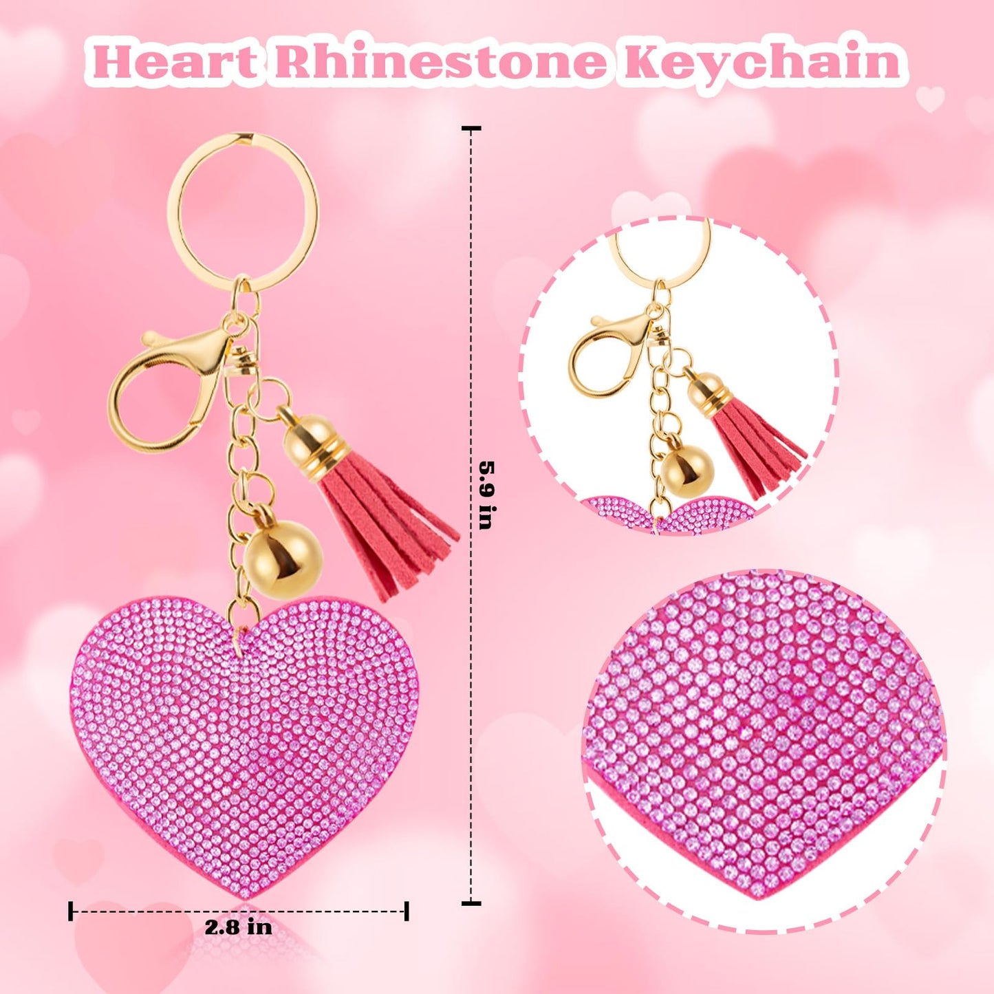 10 PCS Glitter Crystal Heart Rhinestone Keychain, Heart Shape Rhinestone Tassel Keychains for Handbags, Bling Key Chain for Women and Girls