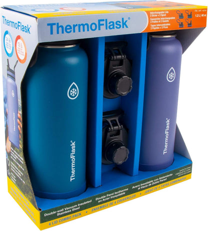 ThermoFlask 40 oz Double Wall Vacuum Insulated Stainless Steel Water Bottles, 2-Pack, Superior Blue/Mauve