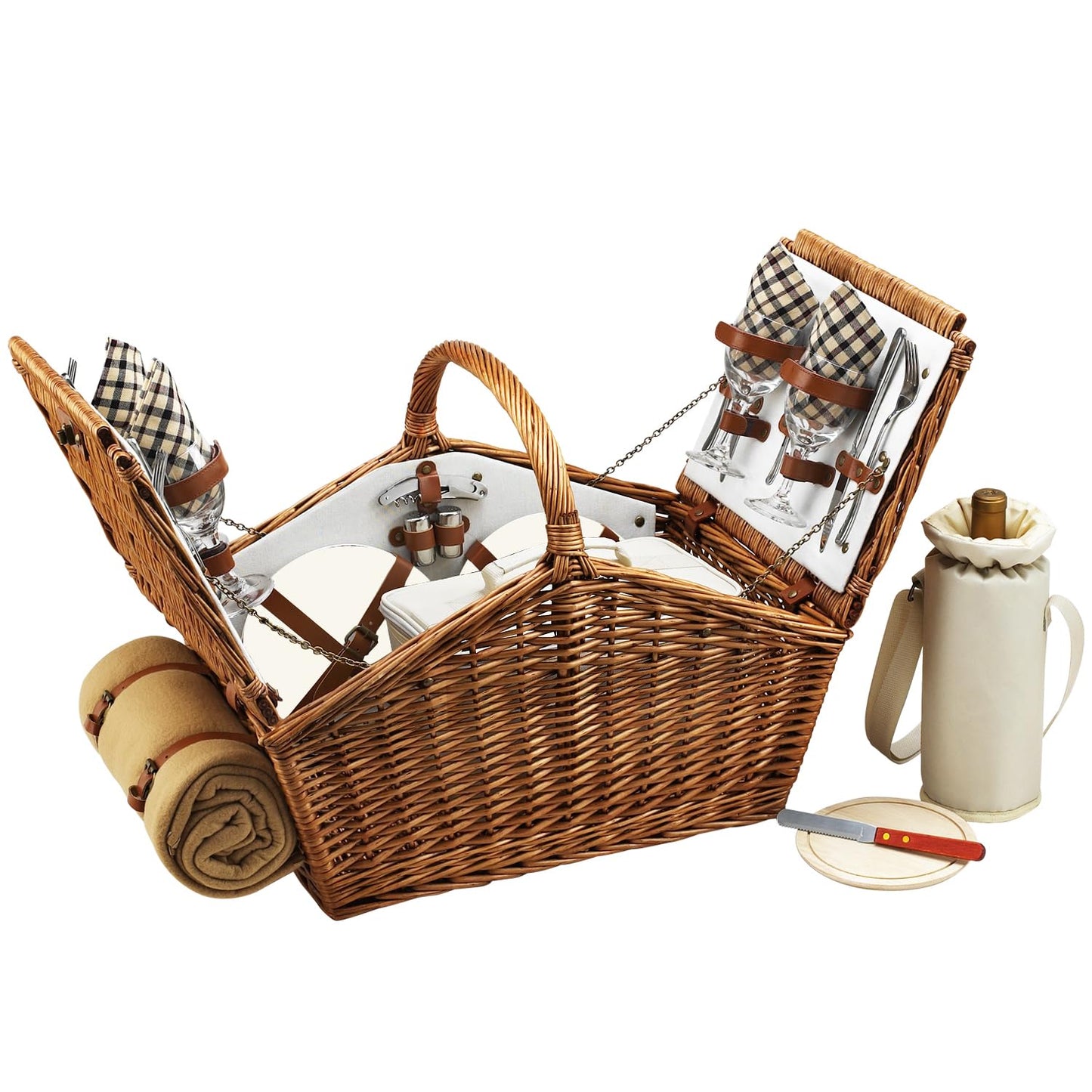 Personalized Picnic at Ascot Dorset English-Style Willow Picnic Basket with Service for 4 - Designed, Assembled & Quality Approved in The USA