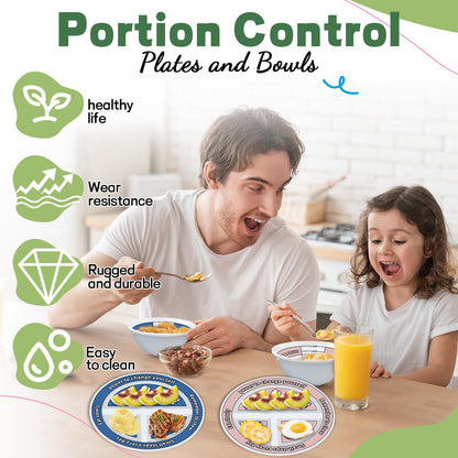 Viynran 4 Pcs Portion Control Plates & Bowls Set (2 Plates + 2 Bowls, 9 Inch) - Self-Measuring for Weight Loss, Gastric Bypass, LapBand, Diabetes & Healthy Diets, Pink & Blue, for Adults & Children
