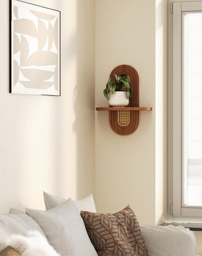 Hongsane Floating Shelves for Wall, Boho Home Wall Decor,Rattan Plant Shelf Set of 2, Mid Century Small Decorative Shelf, Natural Wood Shelves for Living Room,Bedroom,House,Office (Walnut)