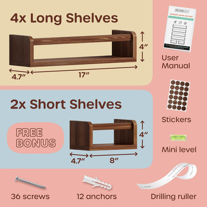 4 2 HOMEY PANDA Wall-Mounted Nursery Bookshelves - Long + Mini Shelves, Kids Room Storage (Walnut Pine Wood)