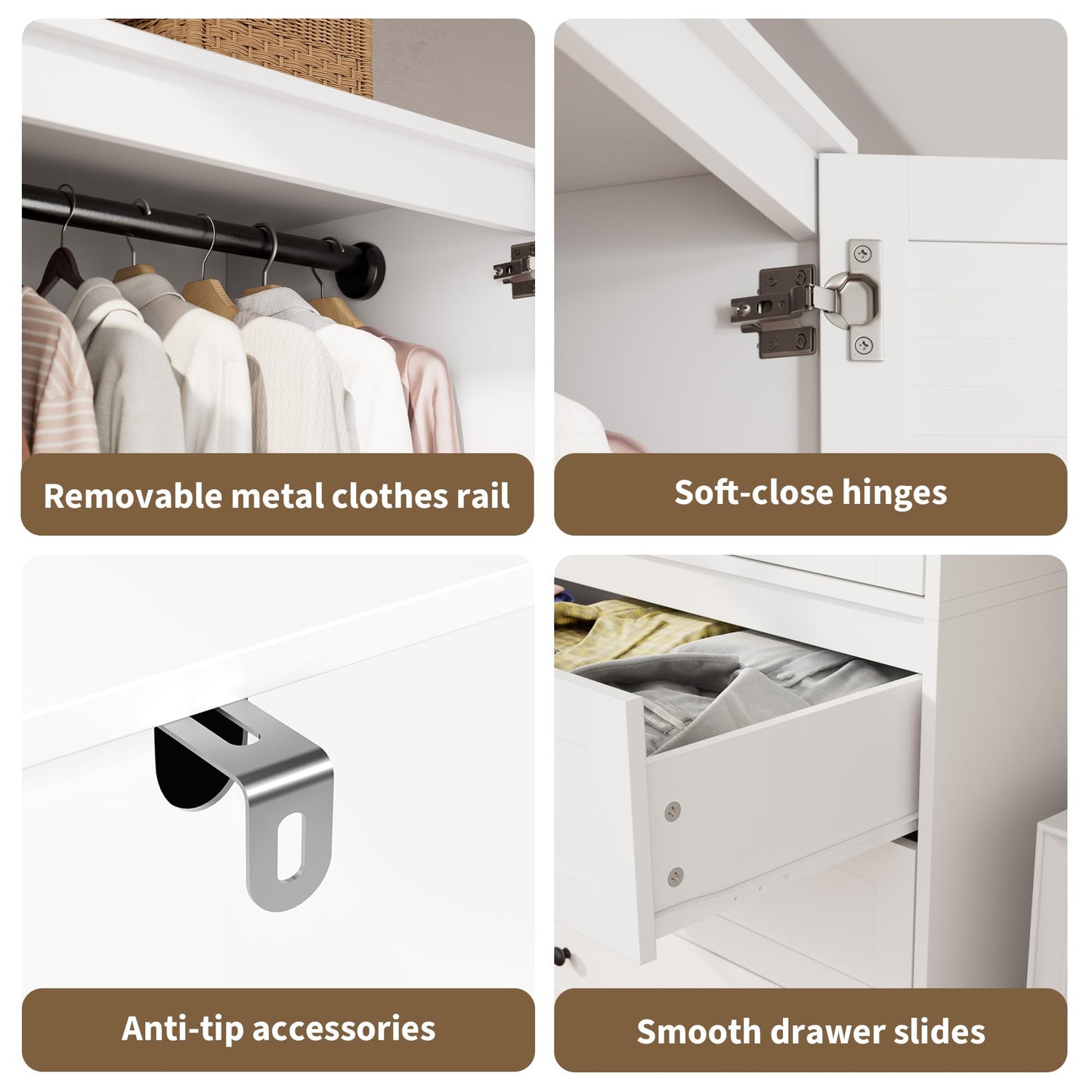 GarveeHome Armoire Wardrobe Closet with Drawers, 69.5 in Wooden Wardrobe Cabinet with Hanging Rod, 2 Doors Clothing Storage Cabinet for Bedroom, Large Capacity Storage, Louvered Door, White
