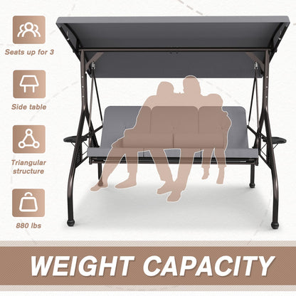 Patiomore 3 Seat Outdoor Porch Swing Chair, Adjustable Canopy Swing Bench, Convertible Backrest Swing Bed with Thicken Cushions, Pillow & Cup Hold (Grey), Gray