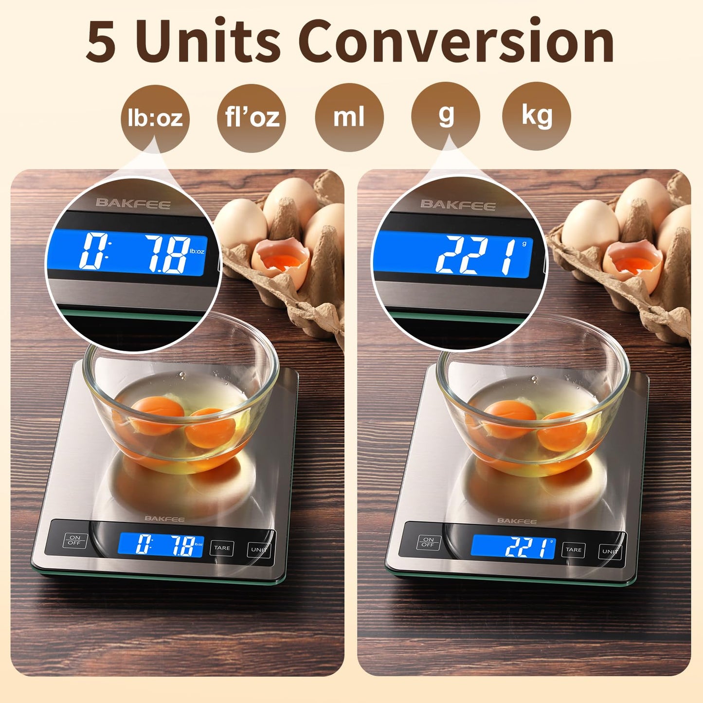 BakFee Food Scale, 33lb Digital Kitchen Scale with Stainless Steel & Tempered Glass, USB Rechargeable, 1g/0.05oz Precise Weighing, Splash-Resistant and Sturdy Surface, for Cooking, Baking, Weight Loss