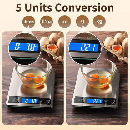 BakFee Food Scale, 33lb Digital Kitchen Scale with Stainless Steel & Tempered Glass, USB Rechargeable, 1g/0.05oz Precise Weighing, Splash-Resistant and Sturdy Surface, for Cooking, Baking, Weight Loss