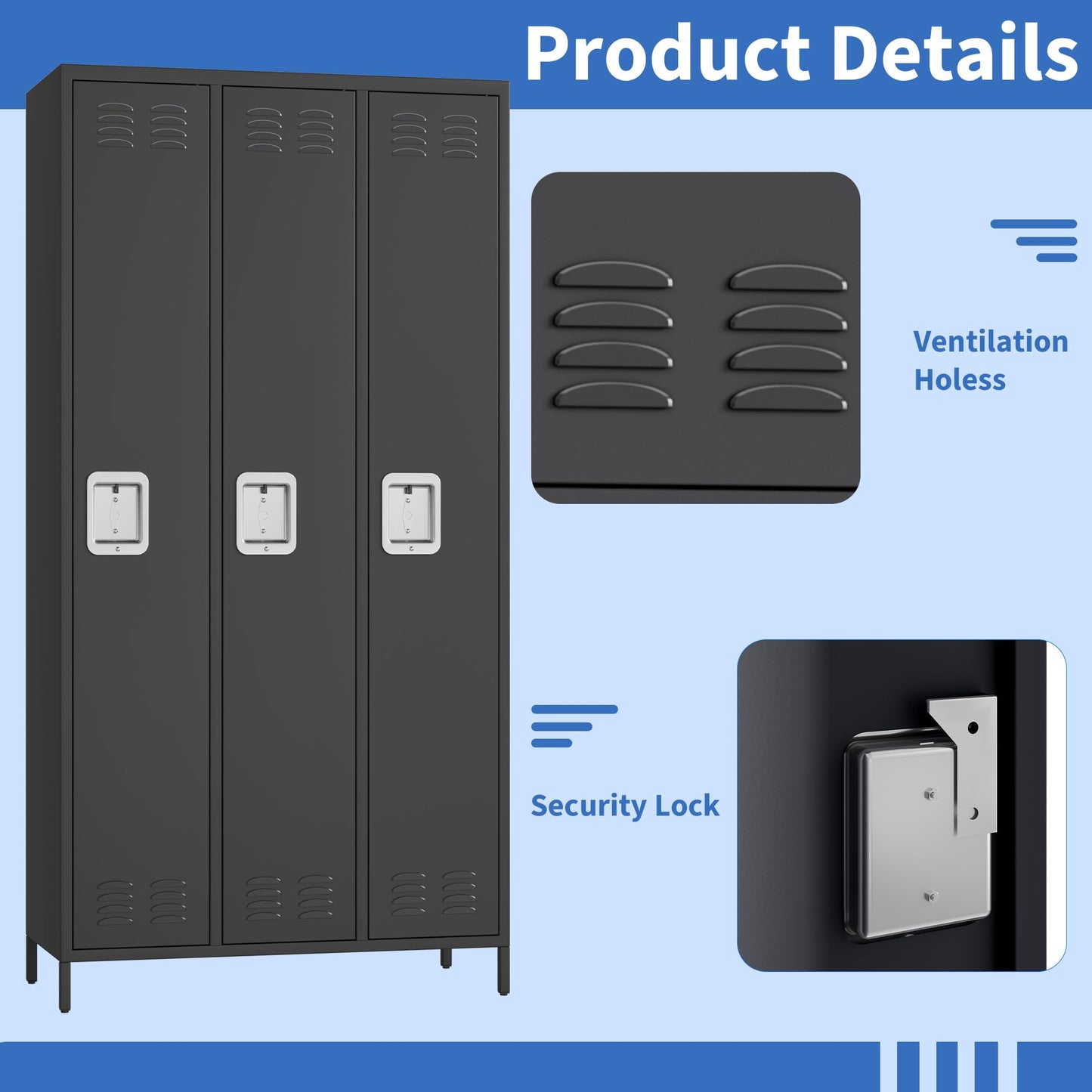 3 Doors Employee Lockers for Office, Metal Sorage Locker Combination, Lockable Employees Metal Locker With Door, Industrial Storage Lockers for Home, School, Gym