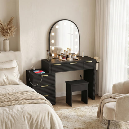AraSyleon Makeup Vanity Desk with Mirror Lights Black, Glass Tabletop 3 Lighting Modes Adjustable Vanity Table Modern Makeup Desk with Chair Power Outlet and 6 Drawers for Bedroom