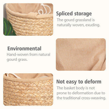 Water Hyacinth Handwoven Storage Basket with Drawstring Lid, 10.24x10.24x12.60in Natural Round Organizer for Nursery, Closet, Shelves & Kitchen