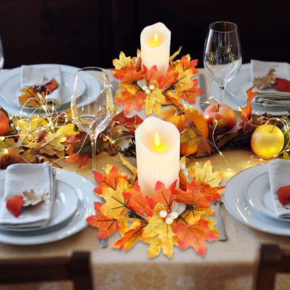 Hotop Fall Candle Rings Thanksgiving Day Ring Holder with Maple Leaves Wreath Mini Autumn Artificial for Home Table Decoration Centerpiece (4 Pieces), White