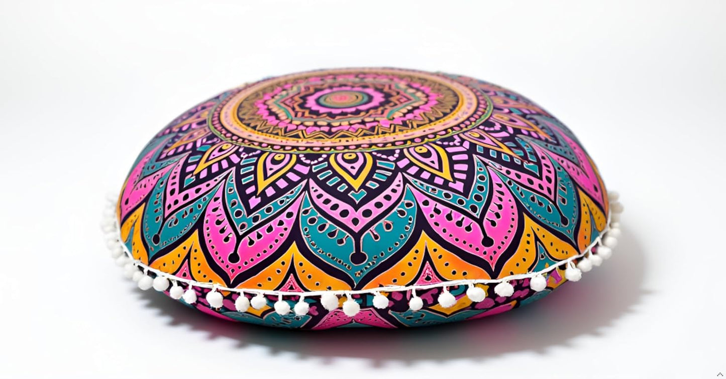 22 Inches Round Mandala Floor Pillow Cover Seating Cushion Throw Cover Ottoman Pouf Cover Pom Pom Pillow Cases Hippie