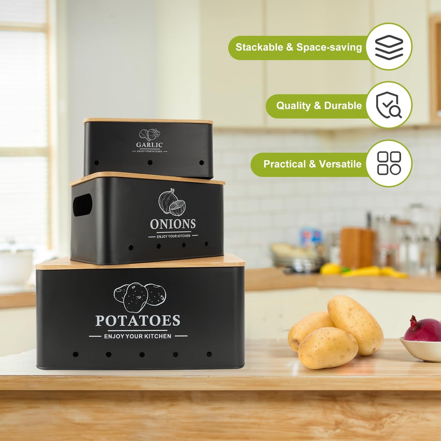 Dekosilave Kitchen Vegetable Storage Set of 3, Metal Onion Garlic Potato Storage Set, Kitchen Canisters Vegetable Keeper Containers with Aerating Holes and Wooden Lid (Black)