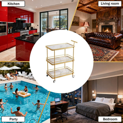FGQuelleBM 3-Tier Serving Cart with 2 Style Options (Wood & Marble Finish), Features Thoughtful Handles & Brake Wheels for Home & Office(White Gold)