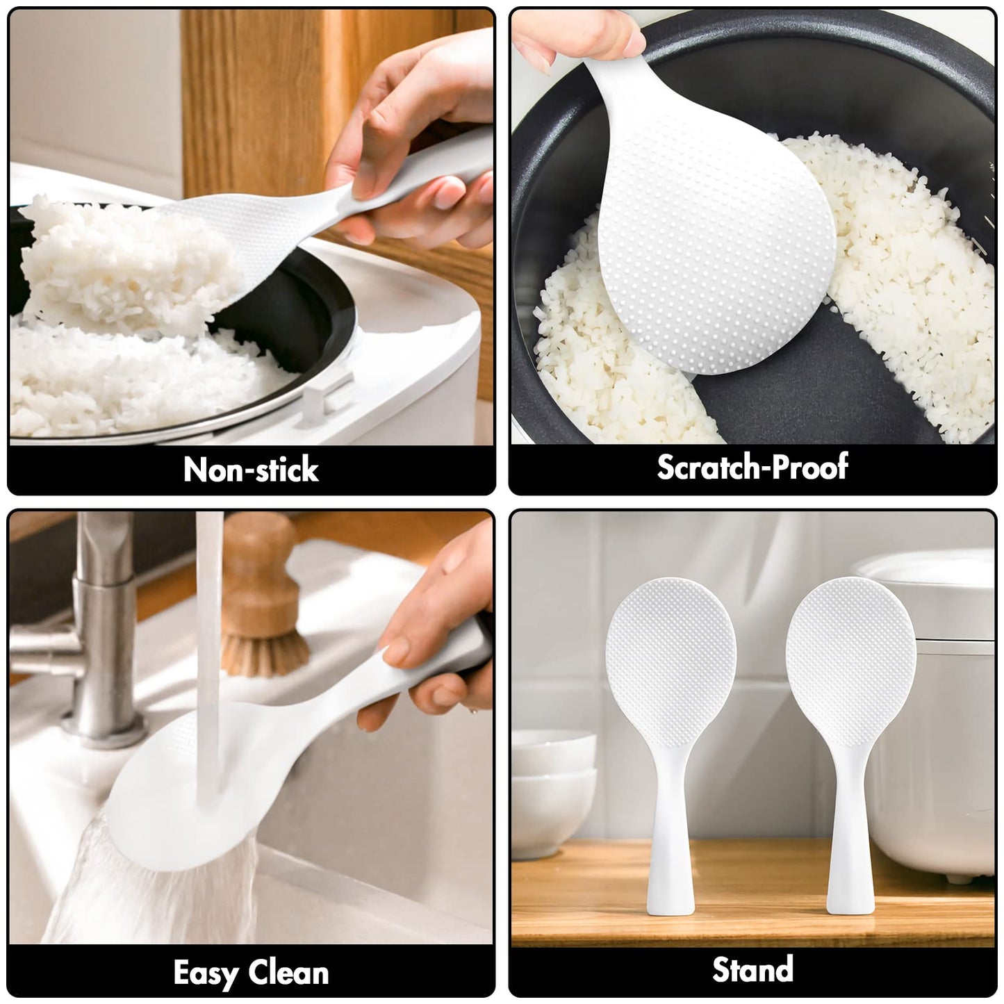 FireKylin 2 Pcs Plastic Rice Paddle,Non Stick Standing Rice Spoon Scooper Spatula,Heat Resistant Rice Cooker Spoon (White)