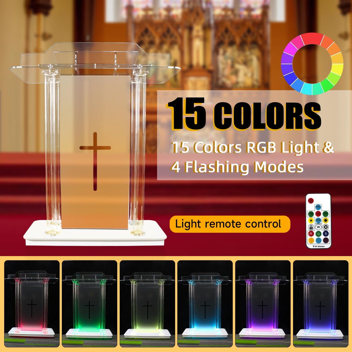 Church Pulpit with 15 Colors Adjustable and 4 Flashing Models, 46” Clear Acrylic Podium with 4 Wheels & Vertical Reading Platform, Lecterns for Churches, Classroom (39.4”L*15.7”W *44”H)
