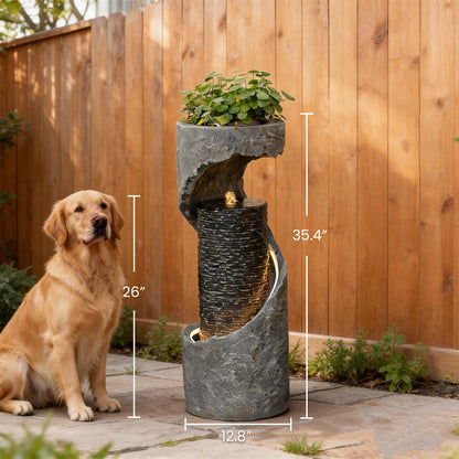 Tankana 35.5" H Water Fountain with Planter, Modern Spiral Waterfall for Outdoor and Indoor, Bubbling Garden Fountain with LED Light for Patio, Deck, and Living Room Corner