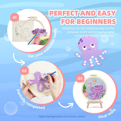 Punch Needle Kits Adults Beginner,Punch Needle kit for Beginners, Embroidery kit for Beginners,Includes All Tools and Materials,Easy to Follow Instructions and Videos-(Axolotl+Octopus)