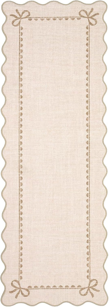 2.5x8 GarveeHome Scalloped Bow Rug for Living Room, Solid Beige Rug for Dorm, Washable Runner Rug Soft Low Pile Non