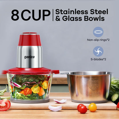 GANIZA Food Processors, Electric Food Chopper with Meat Grinder & Vegetable Chopper - 2 Bowls (8 Cup+8 Cup) with Powerful 450W Copper Motor - Includes 2 Sets of Bi-Level Blades (Red)