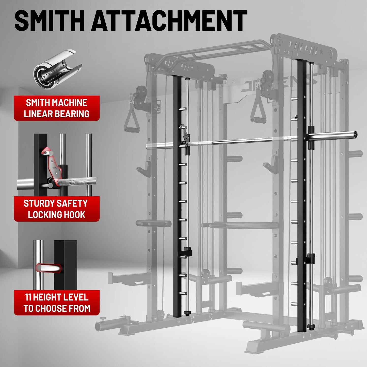 JELENS Smith Machine for Home Gym, Multi-Function M12 Power Cage with Cable Crossover System, Squat Rack with Smith Bar and More Attachment (Black, 370LB Black Weights Package)
