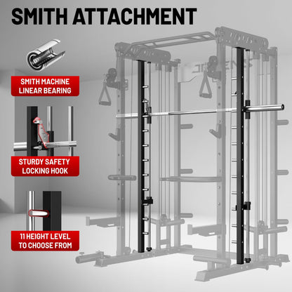 JELENS Smith Machine for Home Gym, Multi-Function M12 Power Cage with Cable Crossover System, Squat Rack with Smith Bar and More Attachment (Black, 370LB Black Weights Package)