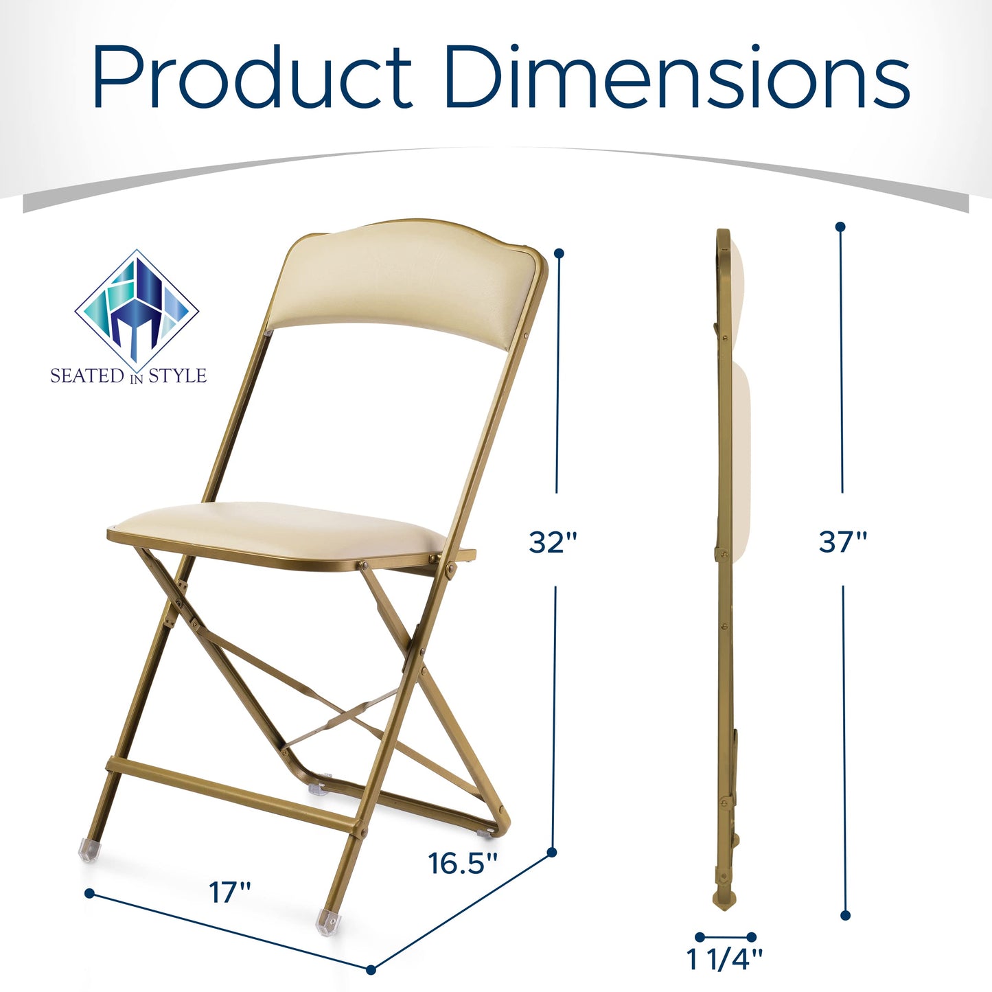 Premium Folding Chairs 4 Pack – Narrow 15” Seat, Padded Seat & Back – Folds Ultra Slim (~1 Inch) – Elegant Event Seating for Weddings, Parties & Dining Gold Frame Almond Vinyl
