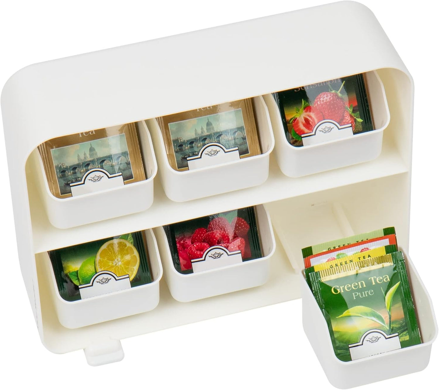 Mind Reader Tea Bag Organizer, Countertop Storage, Kitchen, White, 10.25"L x 3.25"W x 7.75"H