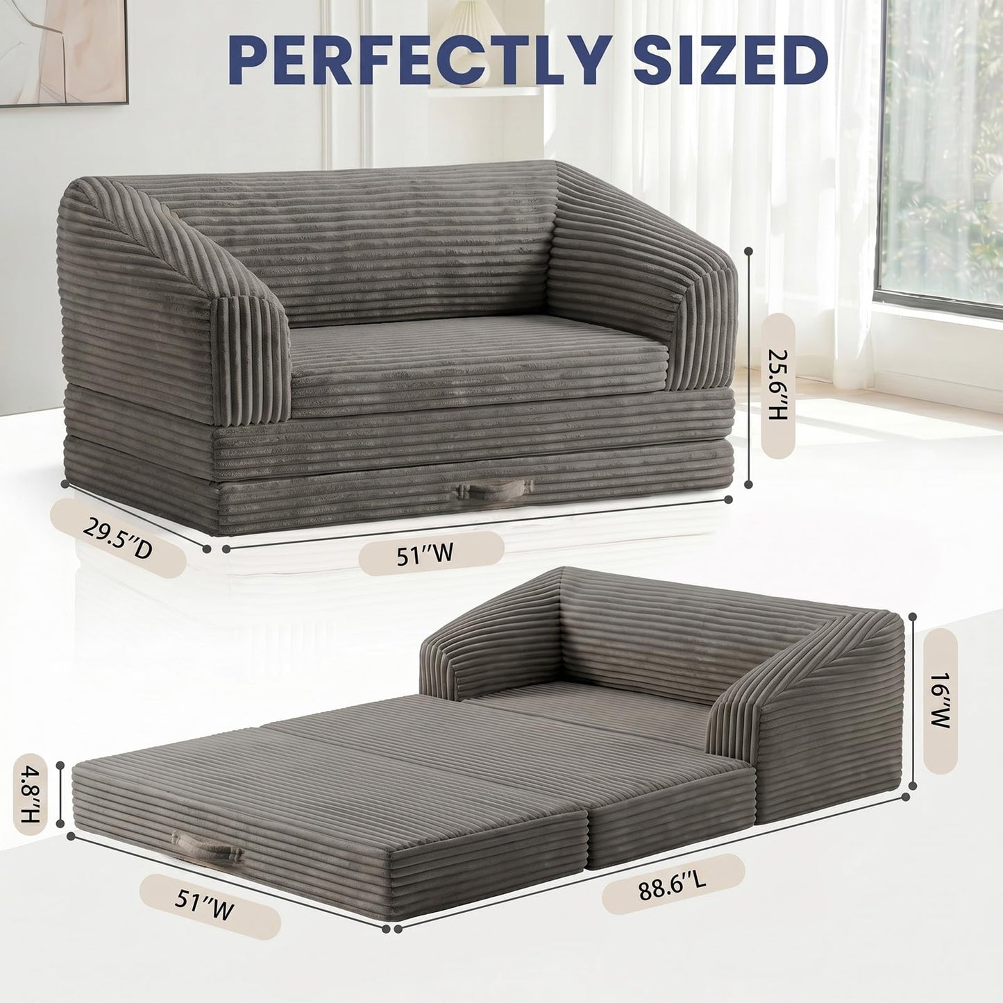 AOLVDOW Loveseat 51 inch, 2-in-1 Convertible Tri-Folding Sofa Bed with Thick Backrest & Carry Handle, Gray Foldable Couch Bed Lounger Sleeper Sofa for Living Room, Guest Room, Soft Corduroy