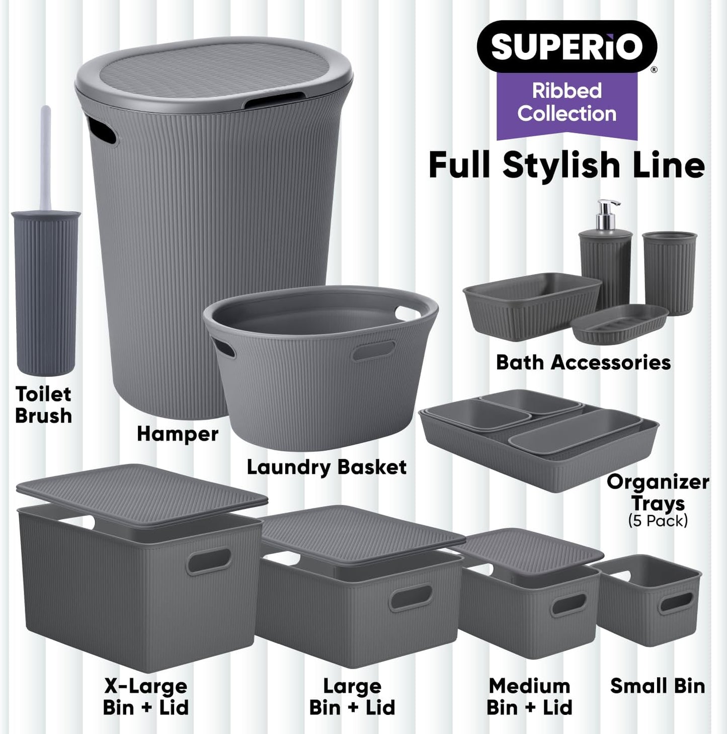 Superio Ribbed Collection Decorative Plastic Open Storage Bins, Medium Grey (2 Pack) for Organizing Closet and Shelves