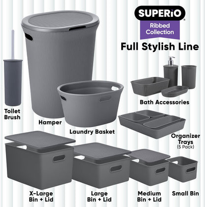 Superio Ribbed Collection Decorative Plastic Open Storage Bins, Medium Grey (2 Pack) for Organizing Closet and Shelves