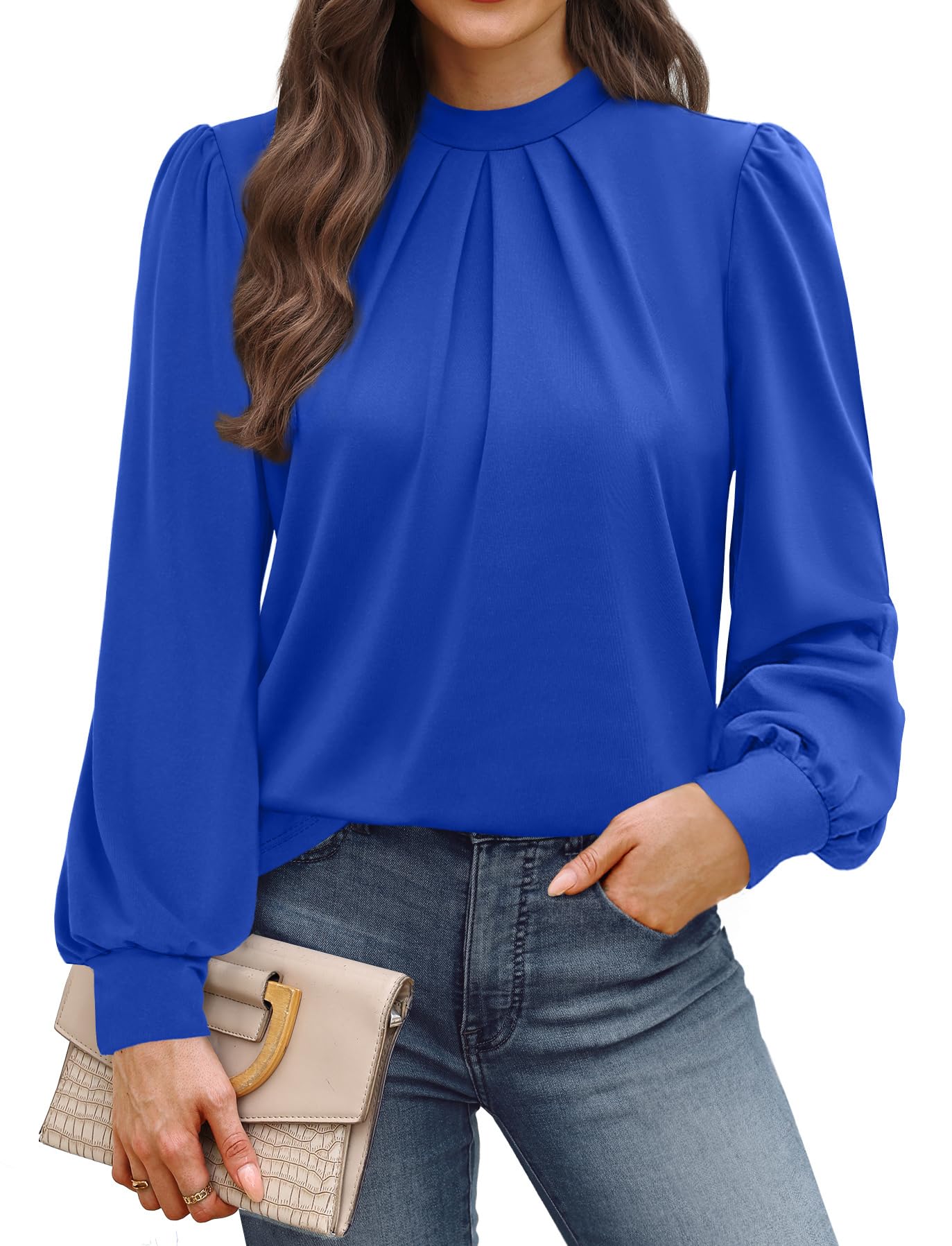WIHOLL Long Sleeve Shirts for Women Mock Neck Tops Pleated Front Blouses Dressy Casual Fall Clothes 2025 Fashion