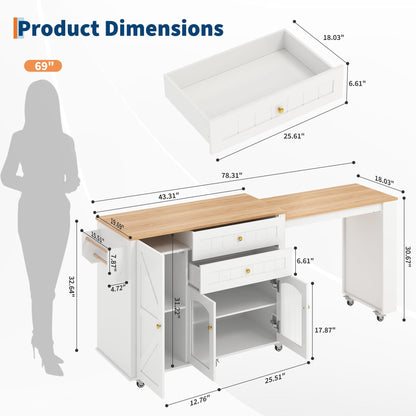 78.3” Rolling Kitchen Island with Extendable Table, Storage Cabinet, Drawers & Shelves, White Modern Mobile Island Cart on Wheels, Farmhouse Wood Island Table for Kitchen, Dining Room, Home Bar