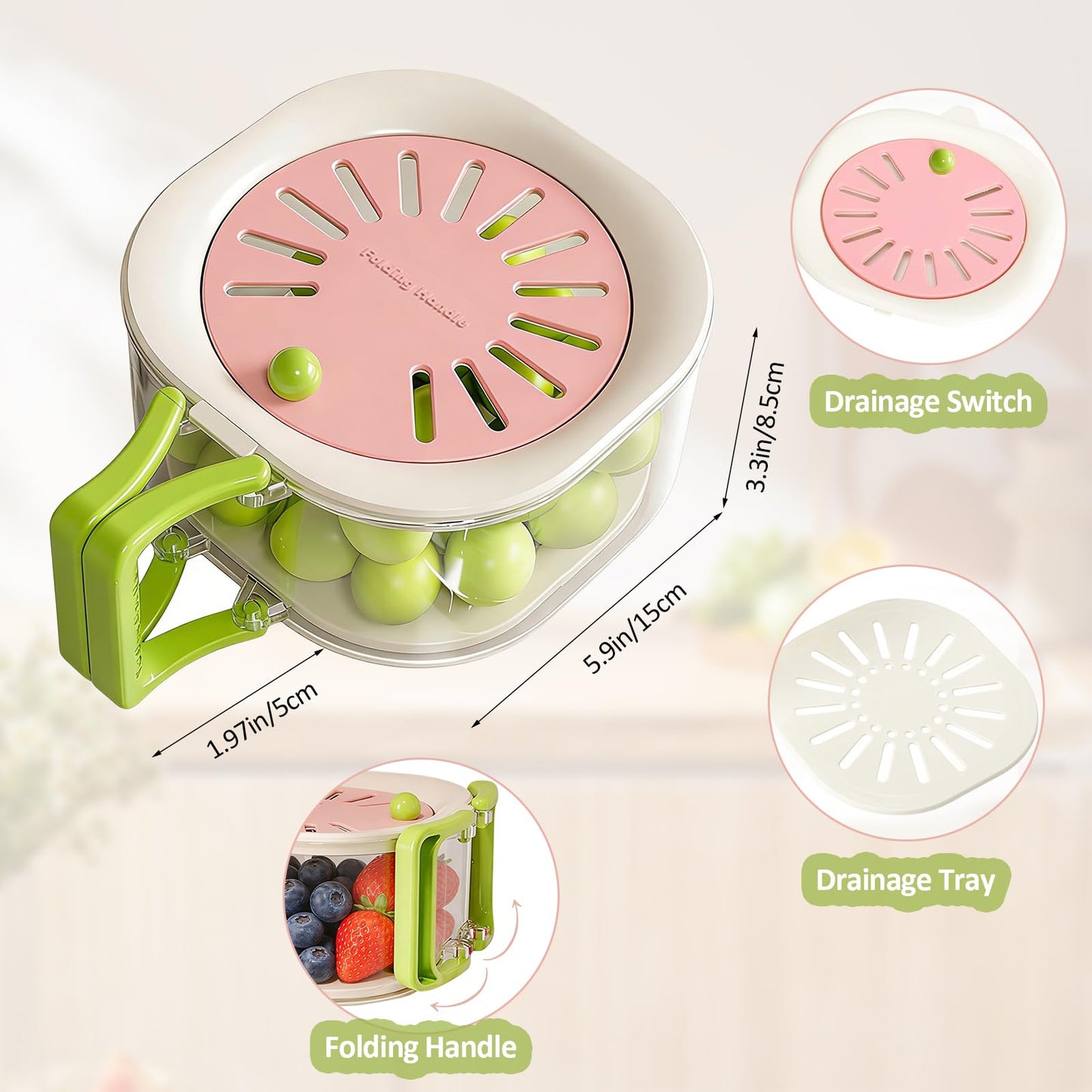 Fruit Vegetable Washing Bowl with Strainer - Multifunctional Berry Container, Produce Washer & Draining Colander Basket with Lid for Fridge Storage