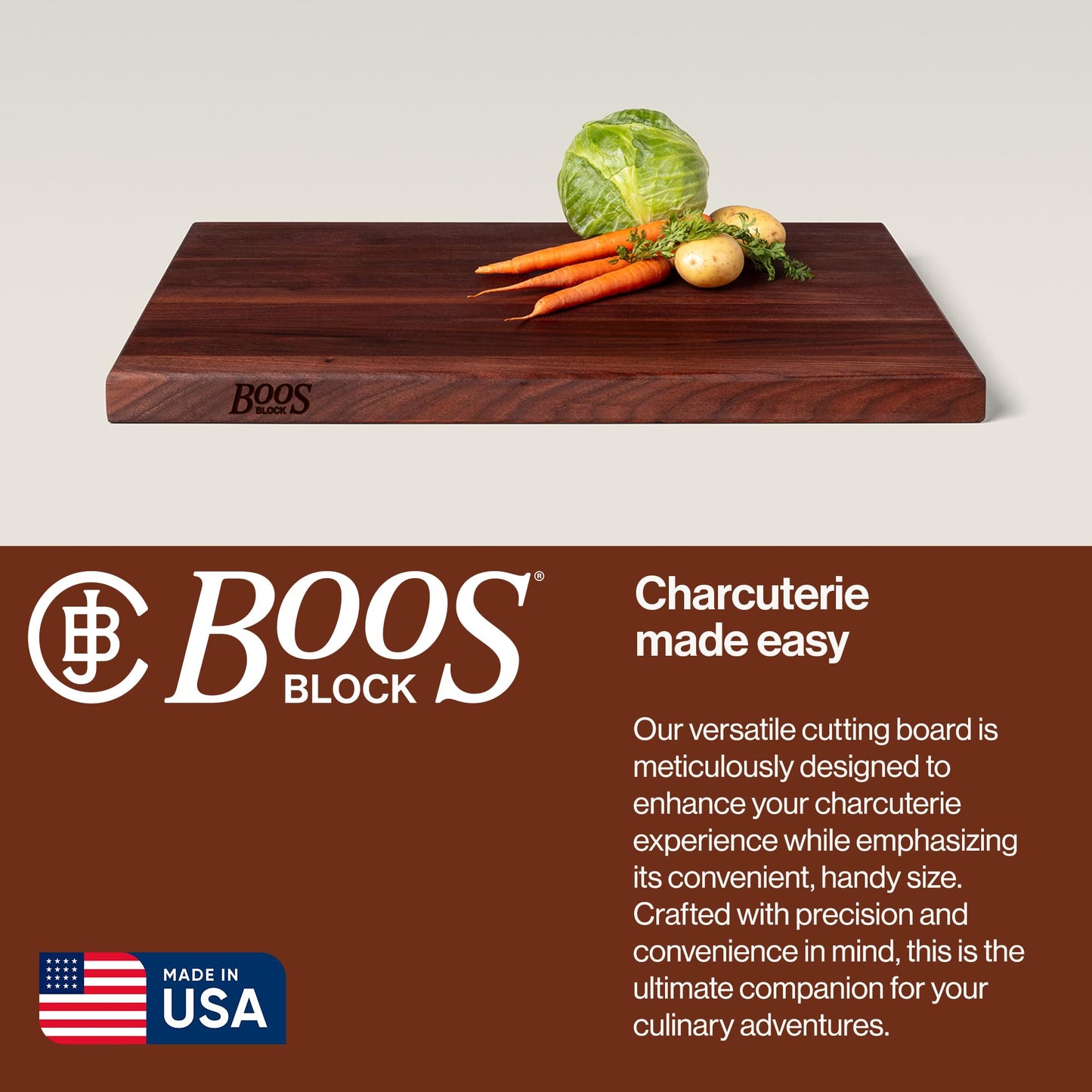 John Boos R-Board Series Rectangular Wooden Walnut Cutting Board 24”x18” – 1.5” Thick, 17-lb Reversible Butcher Block with Edge-Grain & Finger Grips – Made in the USA