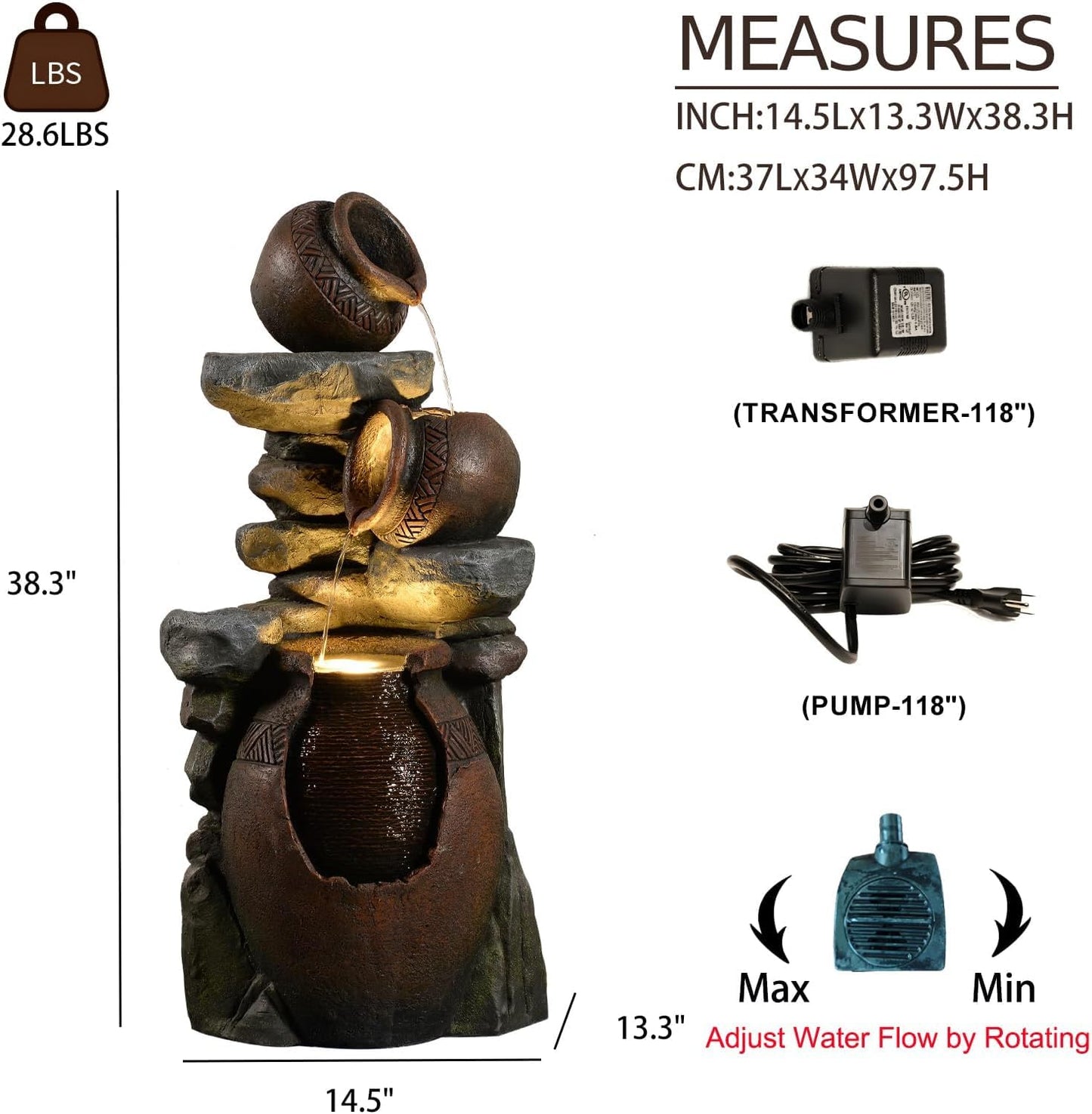 Bumilgar 38.4" H Garden Water Fountain, 3-Tier Cascading Water Features with LED Light, Faux Terracotta Jar Design for Patio, Backyard, Deck, Porch, and Home Art Décor, Brown