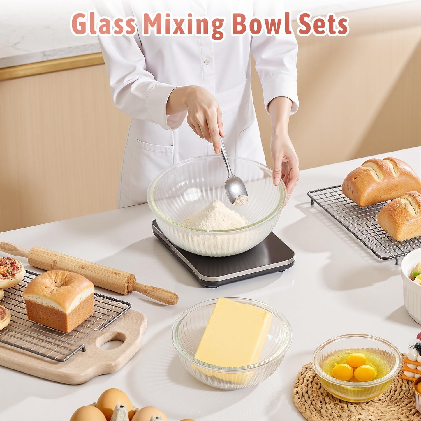 Freshmage Glass Mixing Bowls with Lids Sets, 4 Packs Glass Bowls with Lids for Kitchen Baking, Meal Prepping and Salad, Bpa Free and Dishwasher Safe Serving Bowls, 0.2/0.5/1.1/2.1