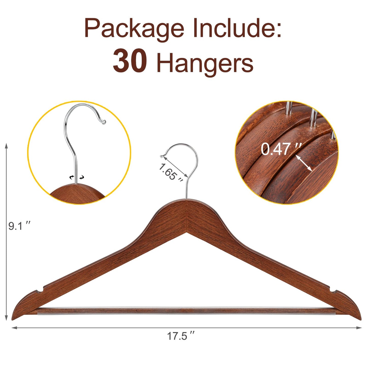 TOPIA HANGER Walnut Wooden Hangers 30 Pack, Wood Clothes Hangers, Durable Coat Hanger with 360-Degree Rotatable Hook, Non-Slip Pants Bar and Shoulder Notches for Camisole Tops - CT34WA30